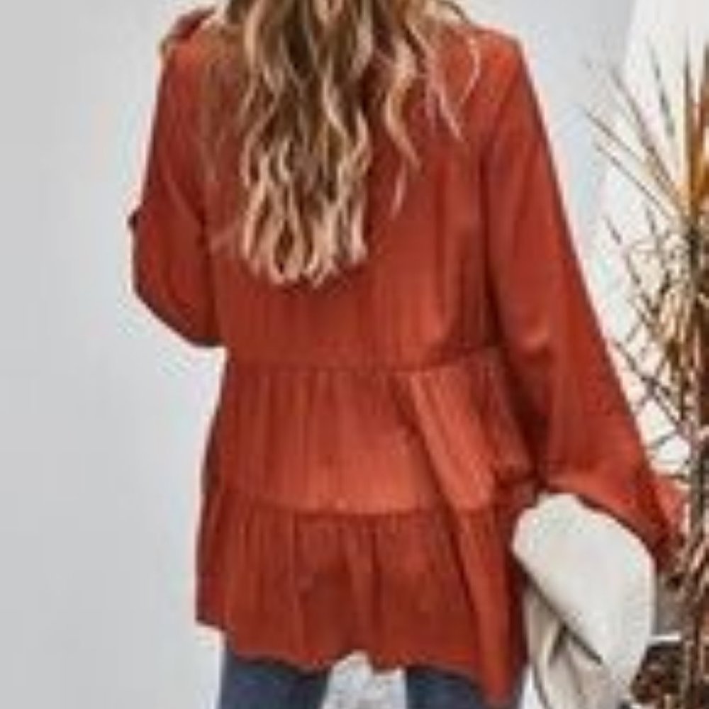 V-Neck Button Down Ruffle Solid Top - Picture 2 of 2